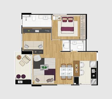 Perspectiva planta com sala ampliada 65M2