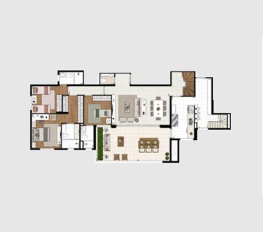 Perspectiva planta duplex inferior 300M2