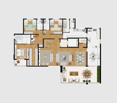 Perspectiva planta duplex inferior 428M2