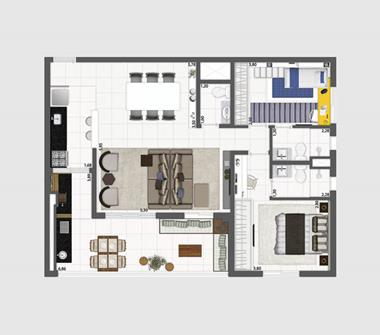 Perspectiva planta com sala ampliada 96M2