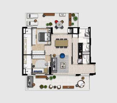 Perspectiva planta garden com cozinha fechada 133M2