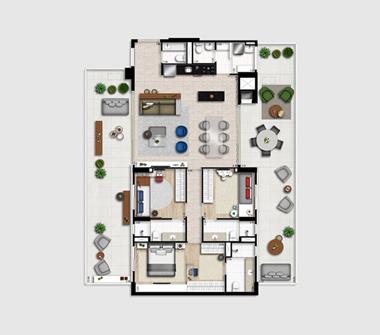 Perspectiva planta garden com cozinha fechada 160M2