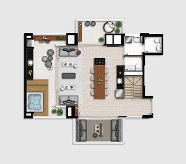 Perspectiva planta superior duplex 205M2