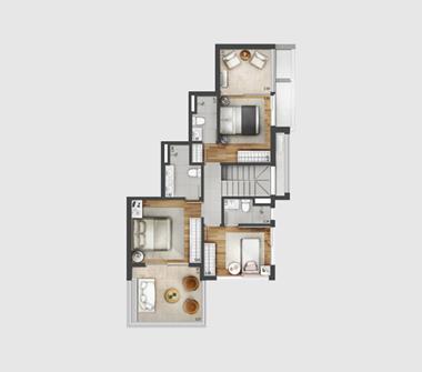 Perspectiva planta duplex superior 176M2