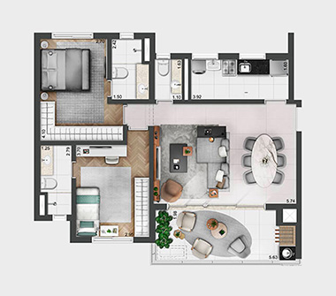 Planta 2 dorm 87m²