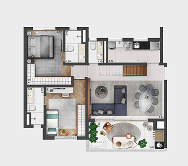 Planta cobertura inferior 2 dorm 157m²