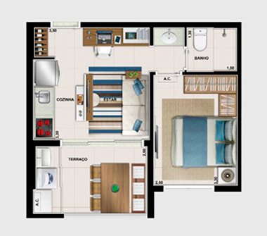 Perspectiva planta 1 dorm 35m²