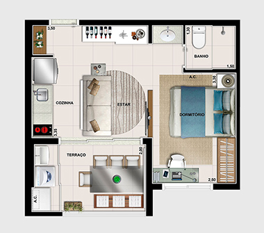 Perspectiva planta 1 dorm com opção ampliada 35m²