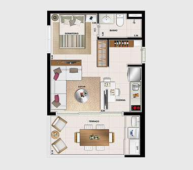 Perspectiva planta 1 dorm com opção ampliada 43m²