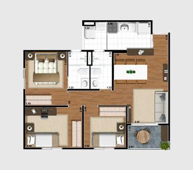 Perspectiva planta 61M2 3 dorms