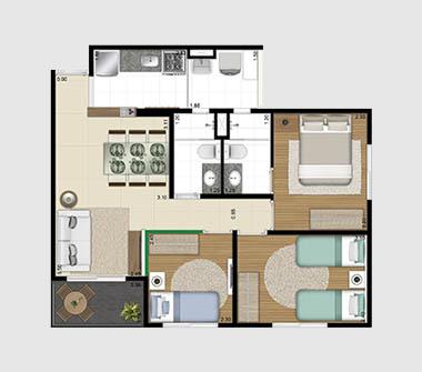 Perspectiva planta 62M2 3 dorms