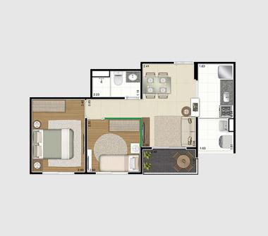 Perspectiva planta 45M2 2 dorms