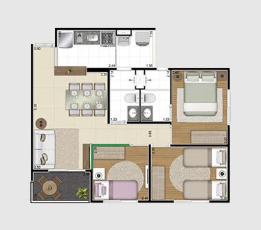 Perspectiva planta 60M2 3 dorms