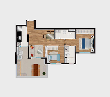 Pespectiva da planta 2 dorms 1 suíte 62 m²