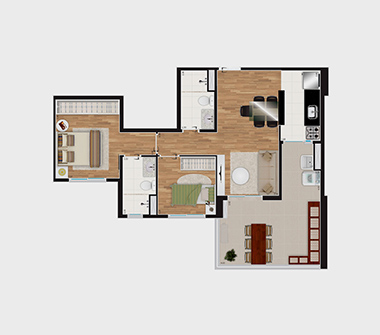 Pespectiva da planta 2 dorms 1 suíte 64 m²