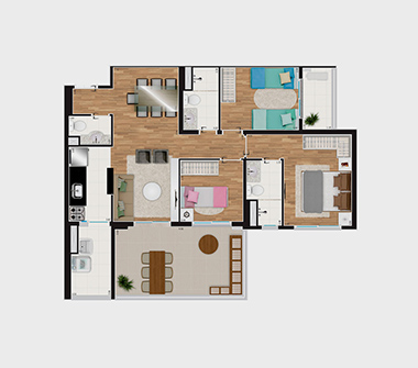 Pespectiva da planta 3 dorms 1 suíte 86 m²