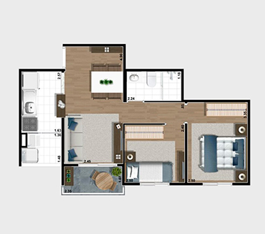 Planta 2 dorms 47m²