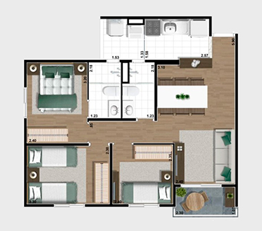 Planta 3 dorms 1 suíte 60m²