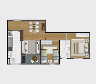 Perspectiva planta 2 dorms 52m²