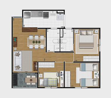 Perspectiva planta 3 dorms 61m²