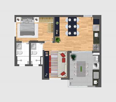 Perspectiva planta com sala ampliada 57M2