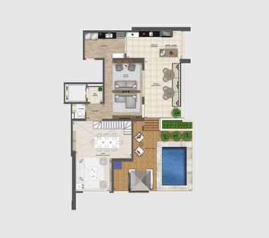 Perspectiva planta duplex superior 307M2