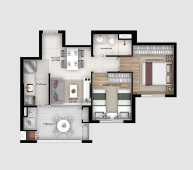 Prespectiva ilustrativa 2 doms sem suíte planta 39m²