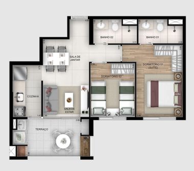 Prespectiva ilustrativa 2 doms com suíte planta 57m²