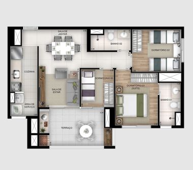 Prespectiva ilustrativa 3 doms com suíte planta 70m²