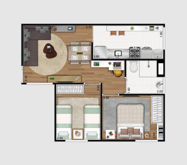 Perspectiva ilustrativa planta tipo 1 43m² 2 dorms