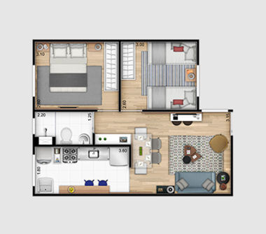 Perspectiva ilustrada planta tipo 42m²