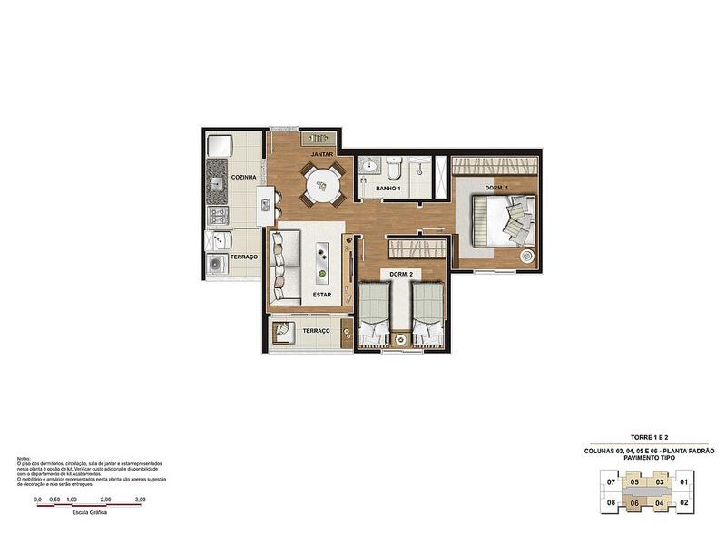 Perspectiva ilustrada planta tipo 51m² 2 dormitórios