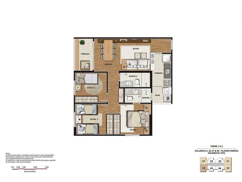 Perspectiva ilustrada planta tipo 3 dormitórios