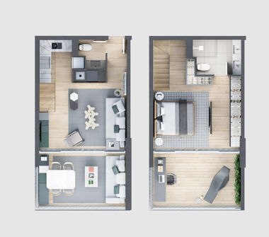 Perspectiva ilustrada da planta tipo 90m² 1 dormitório