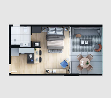 Perspectiva ilustrada da planta tipo 45m² 1 dormitório