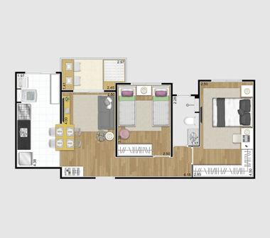 Perspectiva ilustrada da planta tipo 56m² 2 dormitórios