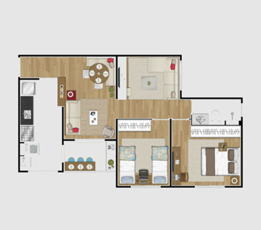 Perspectiva ilustrada da planta tipo 62m² 2 dormitórios