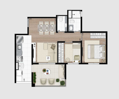 Perspectiva ilustrada planta tipo 59m² 2 dormitório