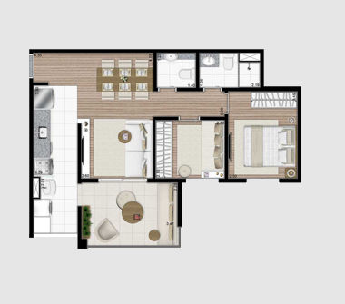 Perspectiva ilustrada planta tipo 60m² 2 dormitório.