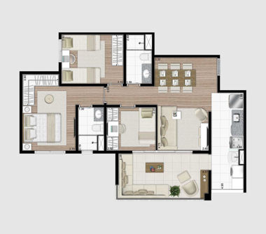 Perspectiva ilustrada planta tipo 76m² 2 dormitório.