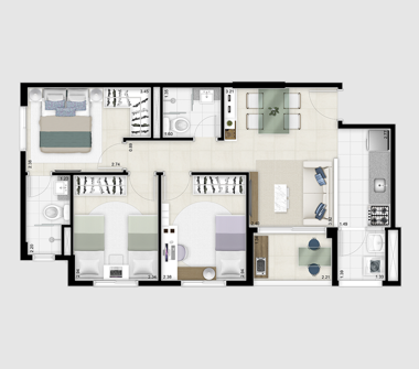 Perspectiva ilustrada planta tipo 57m² 3 dormitórios