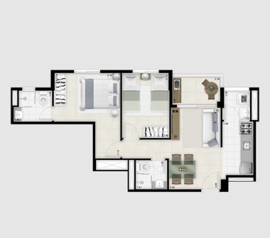 Perspectiva ilustrada planta tipo 49m² 2 dormitórios