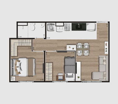 Perspectiva ilustrada da planta tipo b 2 dorms