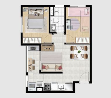 Planta tipo 1 meio 45,76m² 2 dorms